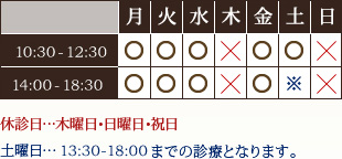 休診日…木曜日･日曜日･祝日
土曜日…13:30-18:00までの診療となります。